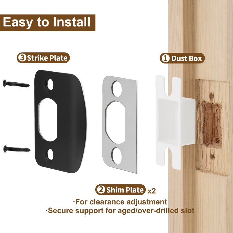 MOSECYOU Standard Door Strike Plate with Shim, Door Lock Latch Restorer Spacer, Universal Residential Security Striker, Fix Door Wont Latch Close (Black) - Image 4